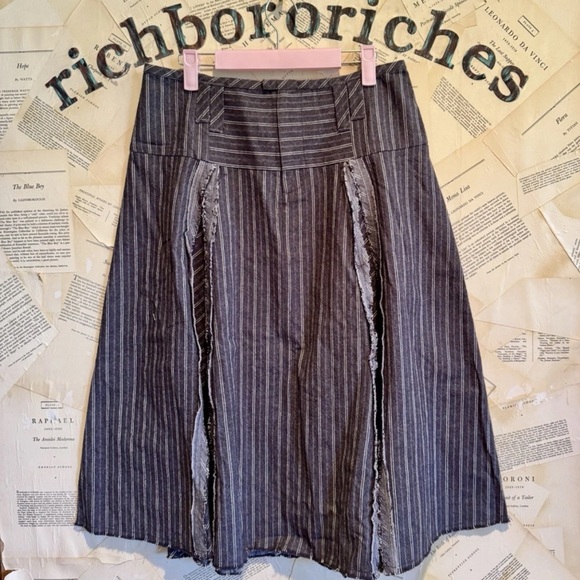 Free People Amelia Midi Skirt Pinstripe Pattern Frayed Seam Grey Combo - Picture 8 of 9